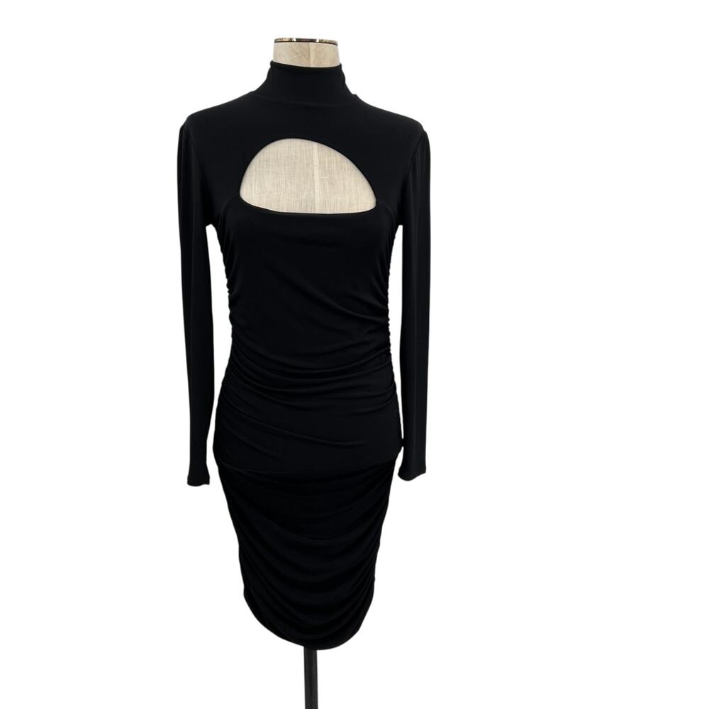 Nookie Charlize Mini Dress Long Sleeve Ruched Mock Neck Cut Out black Size Large